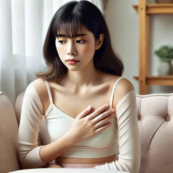 소파에 앉아 상체를 만지며 건강을 걱정하는 젊은 동양 여성