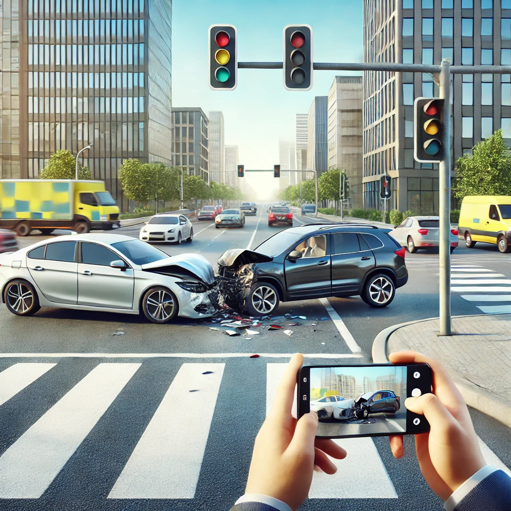 교통사고 과실비율 분쟁 - 도로에서 발생한 차량 충돌 사고 현장, 블랙박스 영상 촬영 및 증거 수집 중인 모습