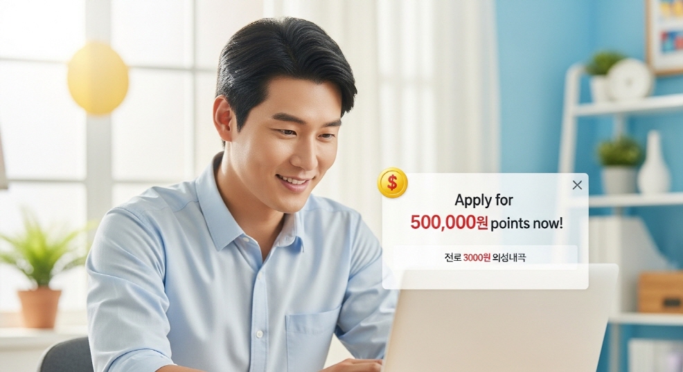 &ldquo;50만원 포인트 지금 신청!&rdquo; 팝업 화면을 보는 소상공인