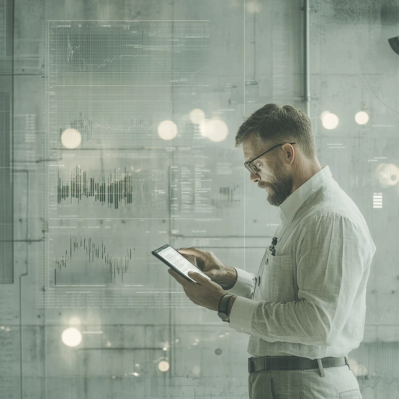 투자자가 디지털 기기로 단기 및 장기 투자 기회를 찾기 위해 시장 동향을 분석하는 모습을 묘사한 일러스트입니다. 집중 조명 아래의 기업 환경에서 분위기 있게 표현되었습니다.