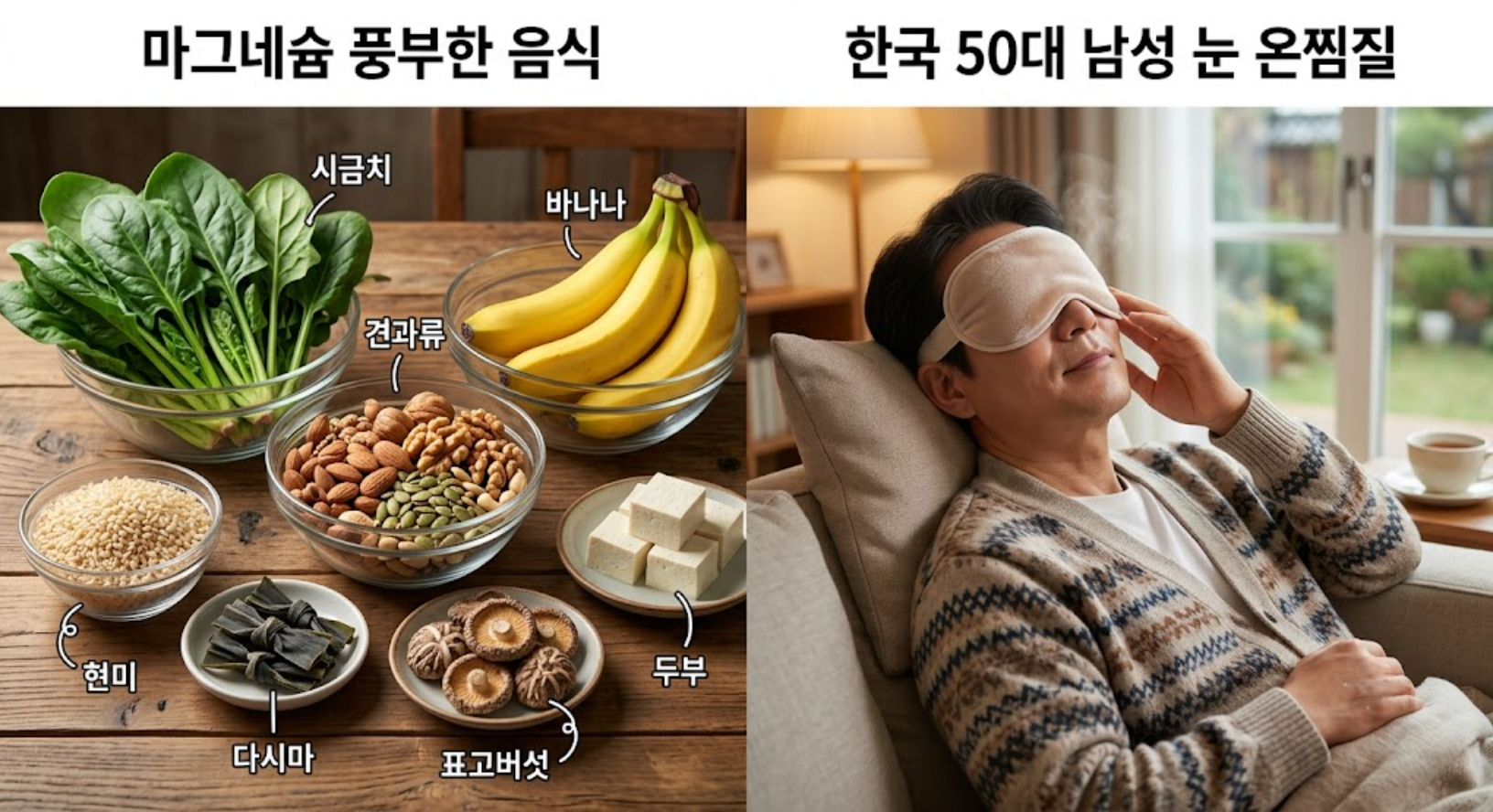 바나나, 견과류, 시금치 등 마그네슘이 풍부한 음식과 피로한 눈에 온찜질 모습