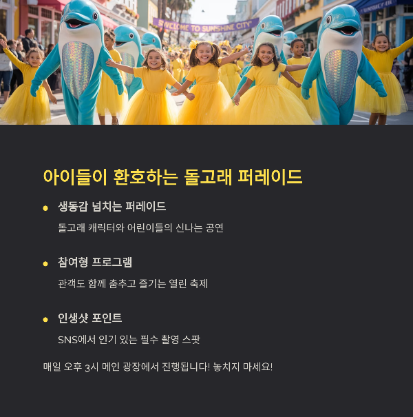 아이들이 환호하는 돌고래 퍼레이드