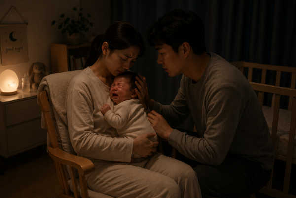 밤중 보챔으로 우는 신생아를 달래는 부모의 육아 모습