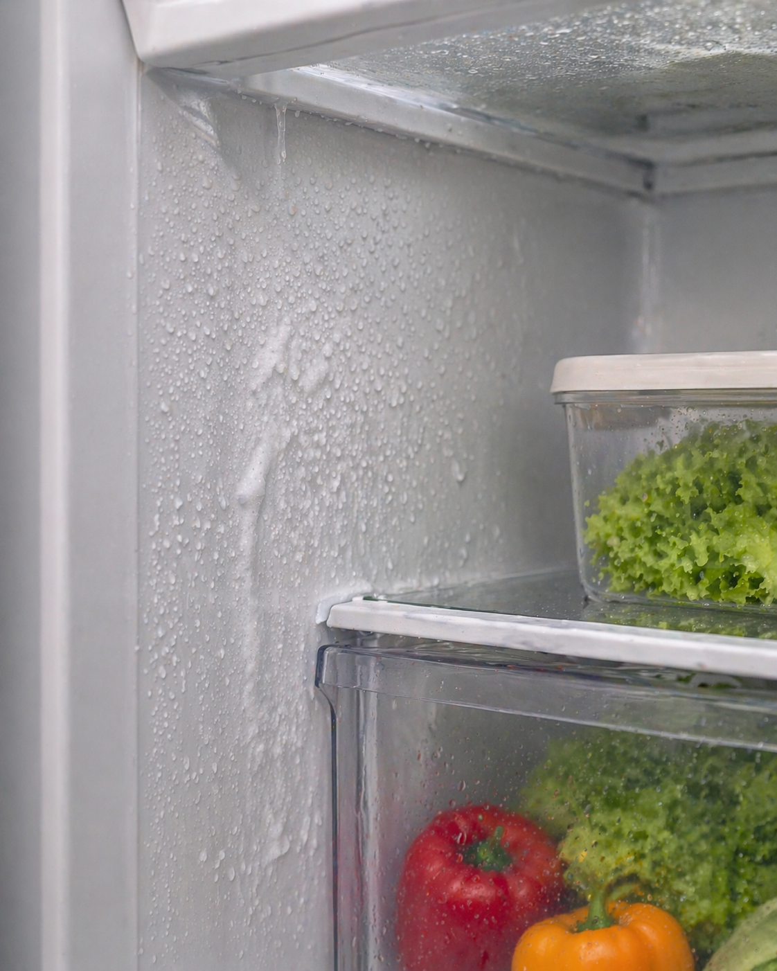 냉장고 내부 한쪽 벽면에 수분과 얼음이 집중적으로 맺혀 있는 모습
