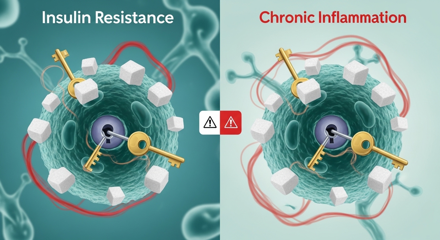 세포가 과도한 인슐린 신호에 둔감해진 인슐린 저항성 상태와 이로 인해 발생하는 만성 염증을 시각적으로 표현한 그림. 혼란스러운 세포 환경을 보여줍니다.