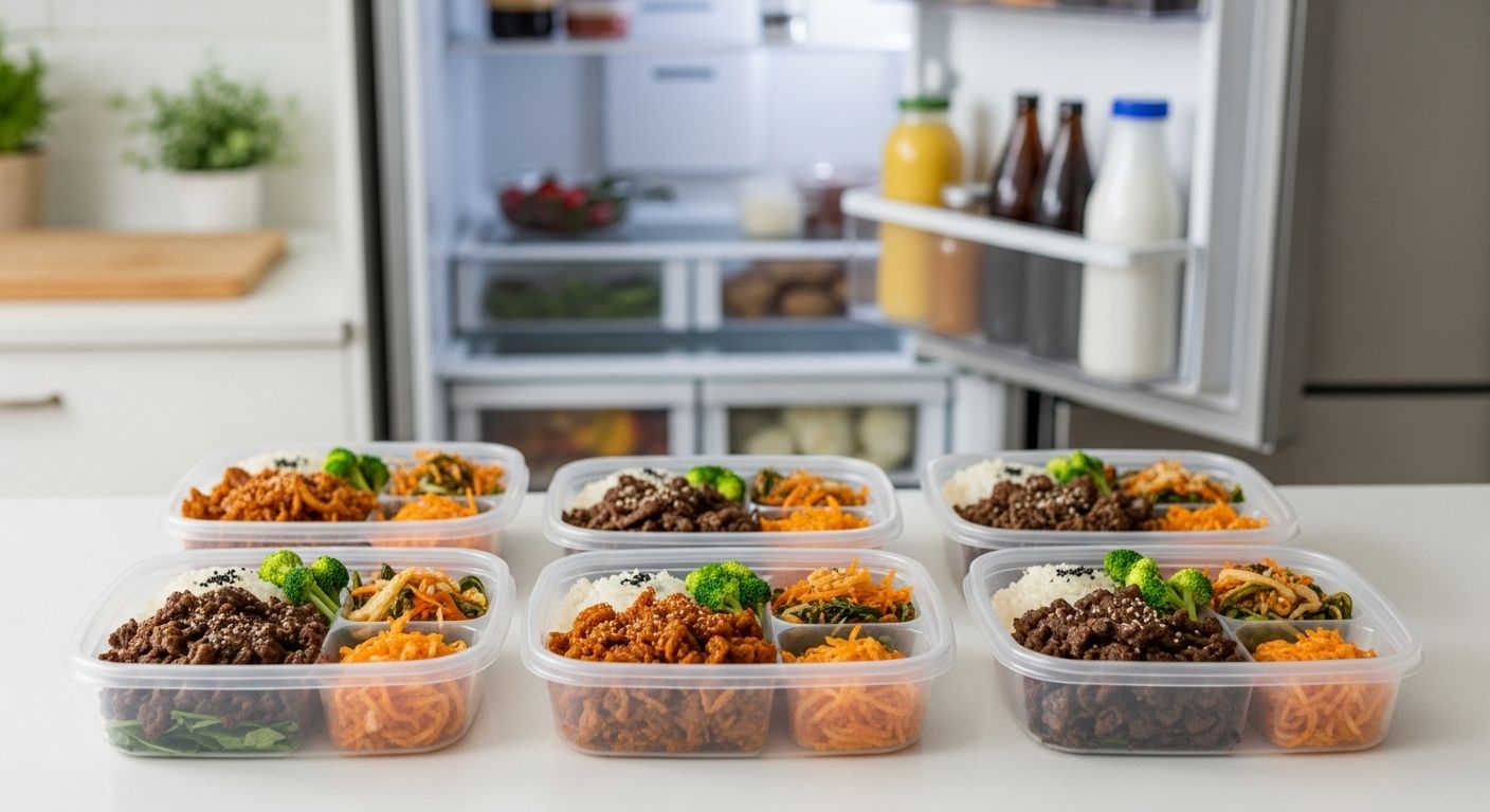 냉장고 앞에서 도시락 여러 개를 준비 중인 한국식 식단 밀프렙