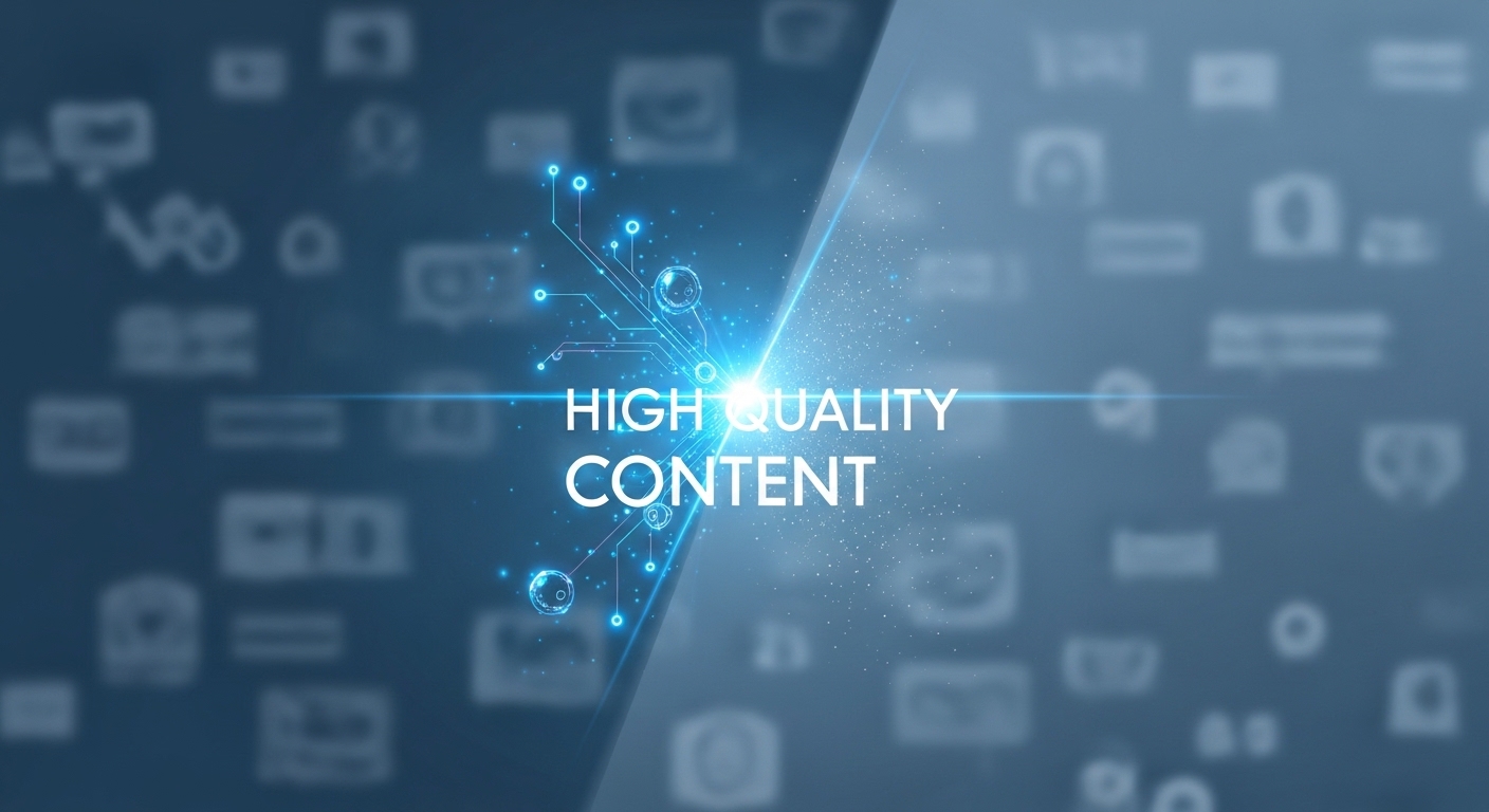 고품질의 독창적인 콘텐츠가 빛나고 저품질의 반복적인 AI 콘텐츠가 흐려지는 것을 대조적으로 보여주는 이미지.