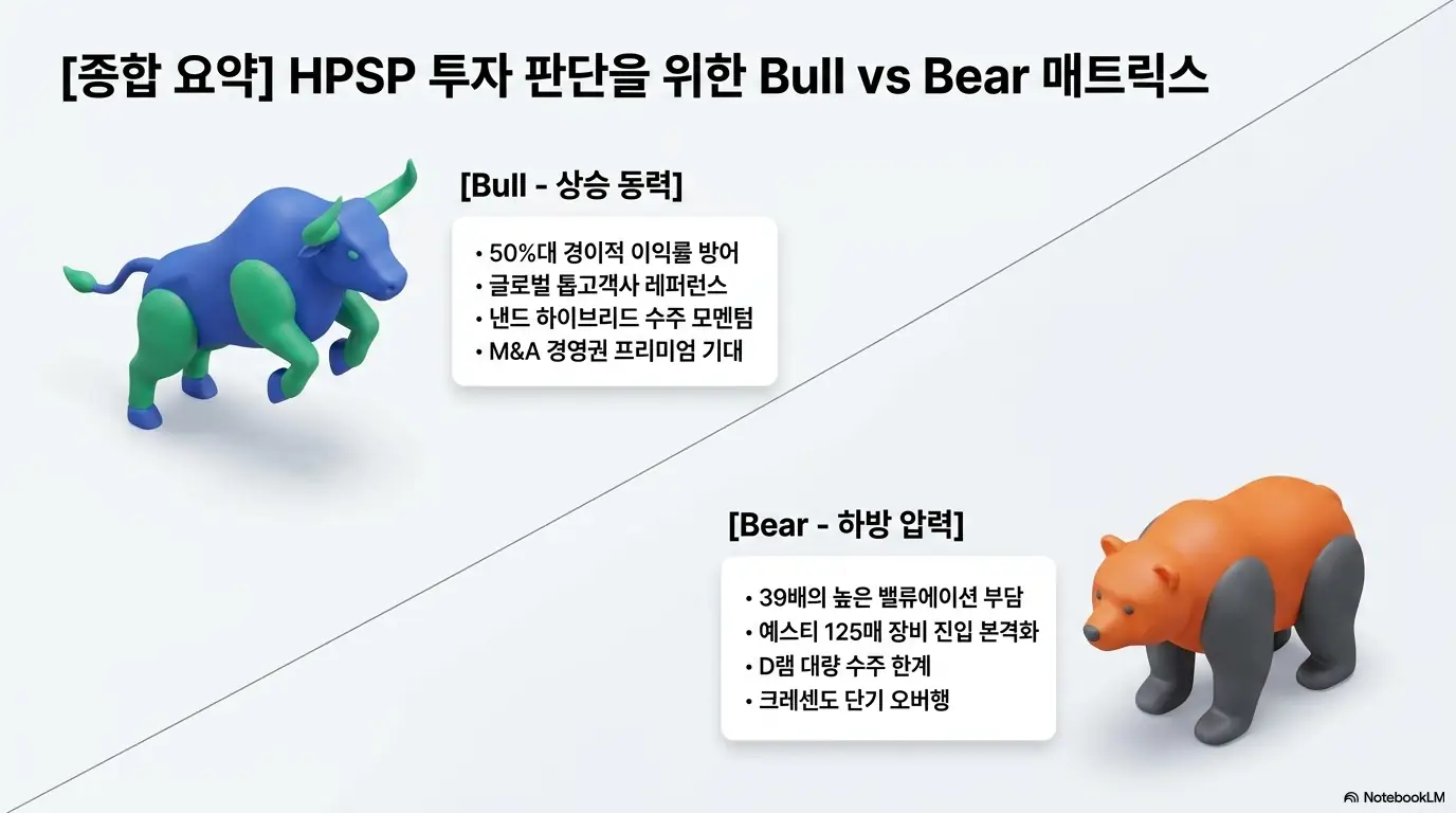 HPSP 주가 전망:&amp;#39;HPSP 투자 판단을 위한 상승 동력과 하방 압력 종합 매트릭스&amp;#39;라는 문구가 포함된 이미지. 50%대 이익률 방어&middot;낸드 수주 모멘텀&middot;M&amp;A 프리미엄 기대 같은 상승 요인과 39배 밸류에이션 부담&middot;예스티 경쟁 진입&middot;D램 수주 한계&middot;크레센도 오버행 같은 하방 요인을 시각적으로 전달하며&amp;#44; 블로그의 HPSP 투자 리스크 종합과 관련된 내용을 설명함 