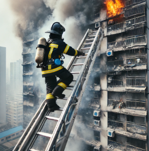 사다리에 올라가고 있는 소방관 사진