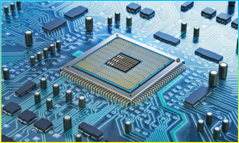 전자 부품으로 둘러싸인 회로 기판의 컴퓨터 칩의 복잡한 디자인 사진