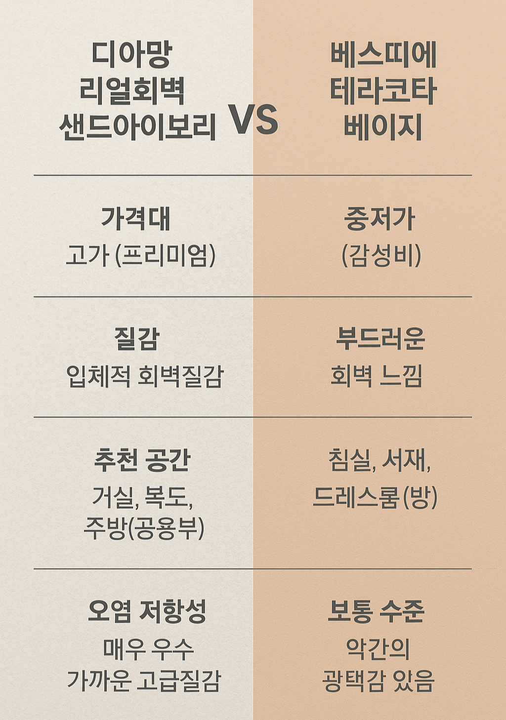 2025 디아망 리얼회벽 샌드아이보리와 베스띠에 테라코타 베이지 벽지 비교 요약표 인포그래픽