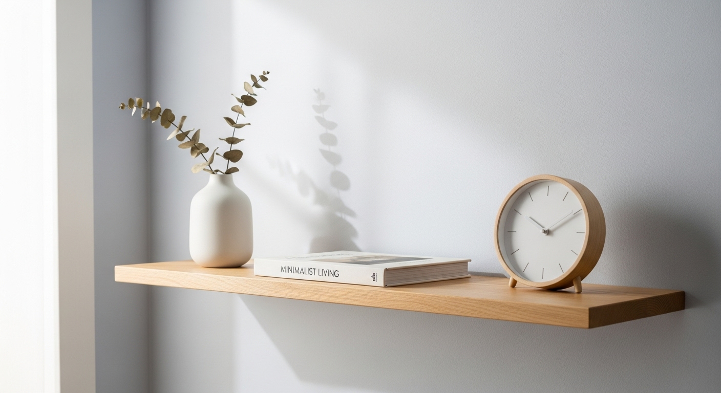 미니멀하게 정돈된 나무 선반에 필수품 몇 가지만 놓여 있는 모습.