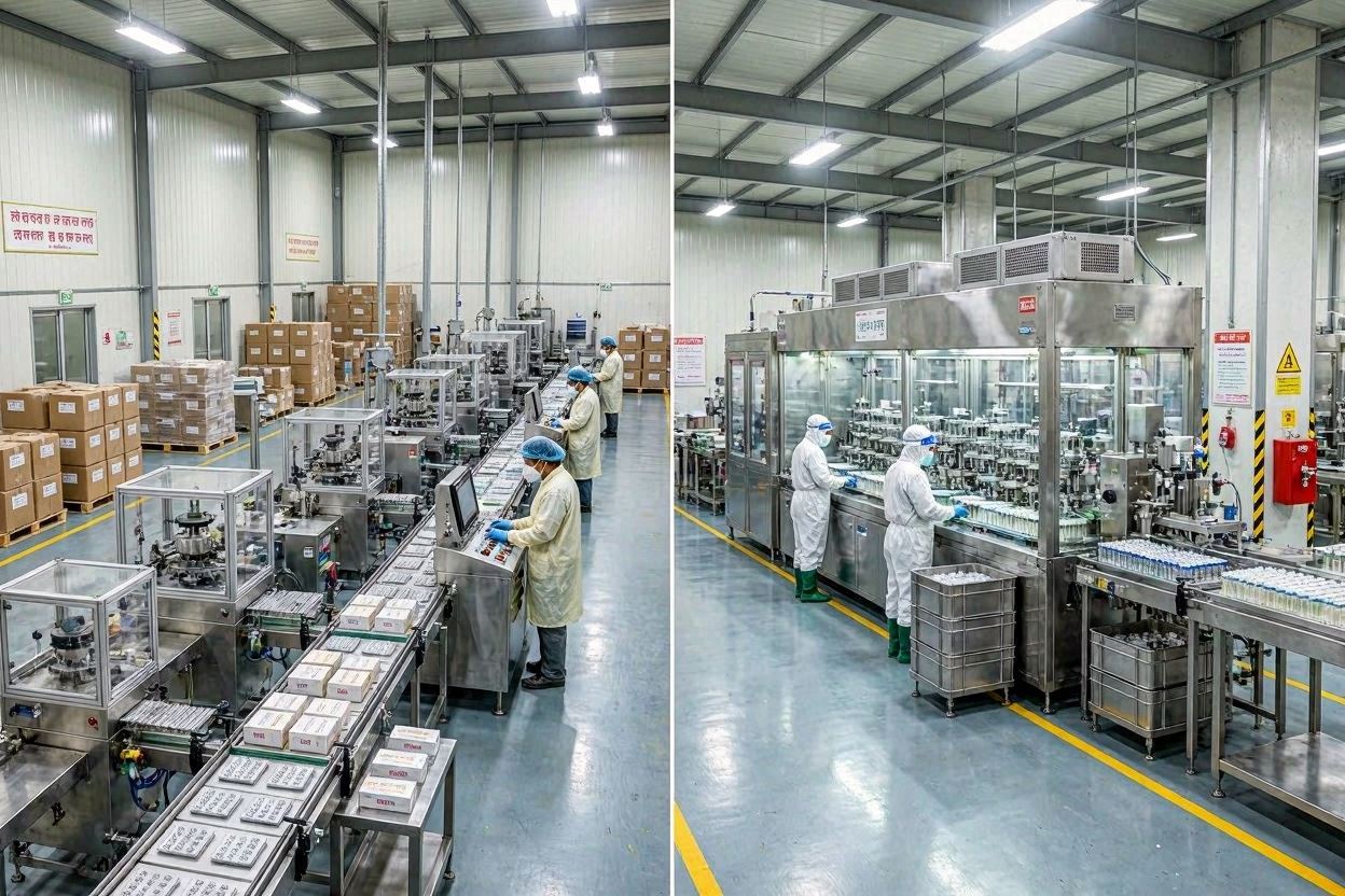 Large-scale pharmaceutical manufacturing facilities in India producing generic medications.