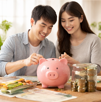 저금통에 돈을 모으는 청춘 남녀