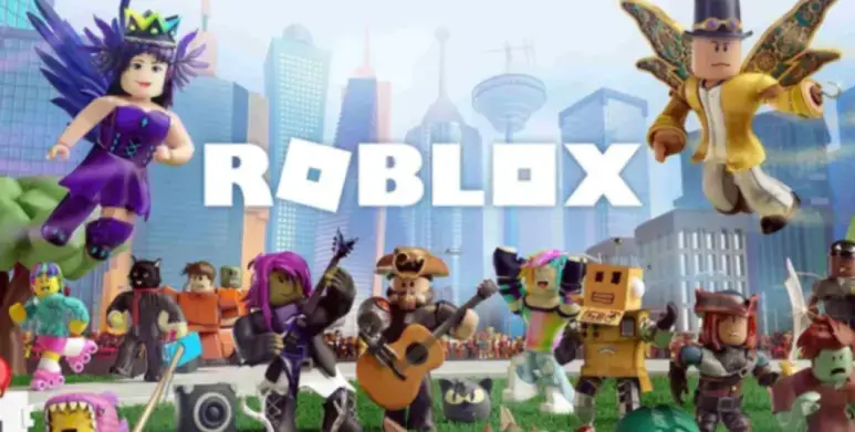 로블록스 게임 캐릭터들이 다양한 의상과 배경 속에서 모여 있는 장면, 로블록스 로고가 중앙에 표시된 화면