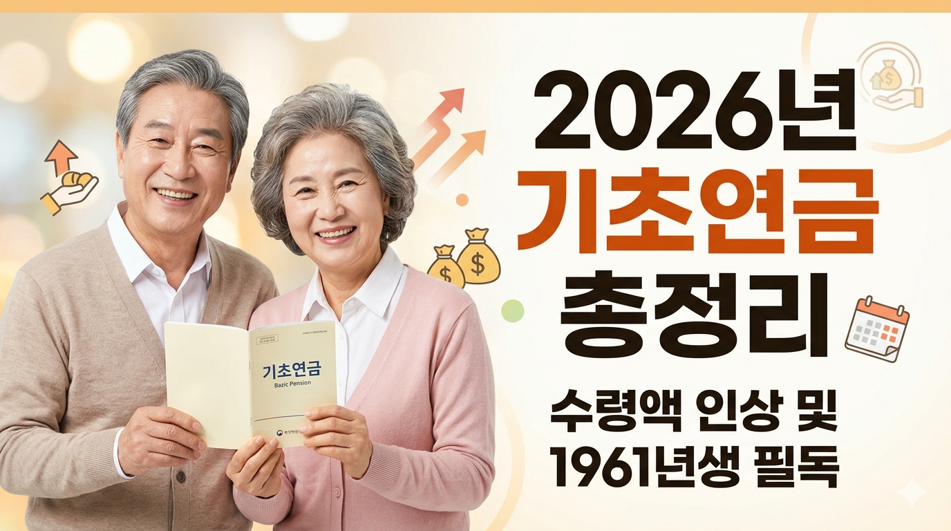 2026년 기초연금 수급자격 및 수령액 인상 정보를 담은 인생2막지기 블로그의 대표 썸네일 이미지. 1961년생 신규 대상자 안내와 국민연금 연계 감액 등 핵심 내용을 포함한 가이드북 컨셉.
