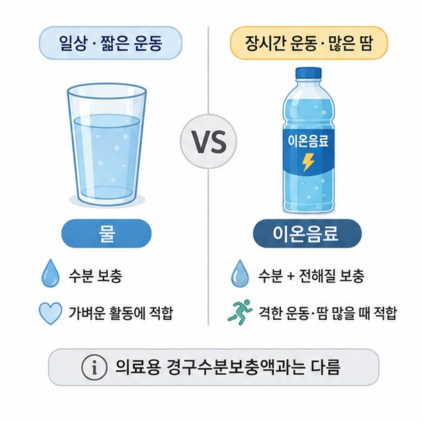 물은 일상과 짧은 운동, 이온음료는 장시간 운동과 많은 땀을 흘릴 때 활용하는 차이를 비교한 이미지
