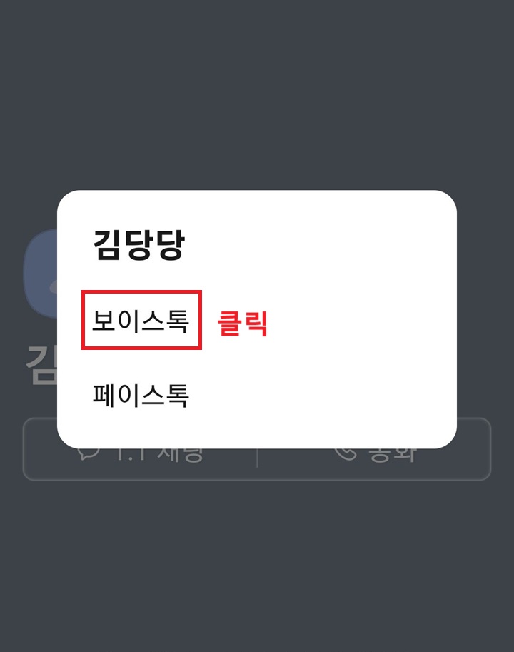 작은 메뉴창에 보이스톡 메뉴 보임