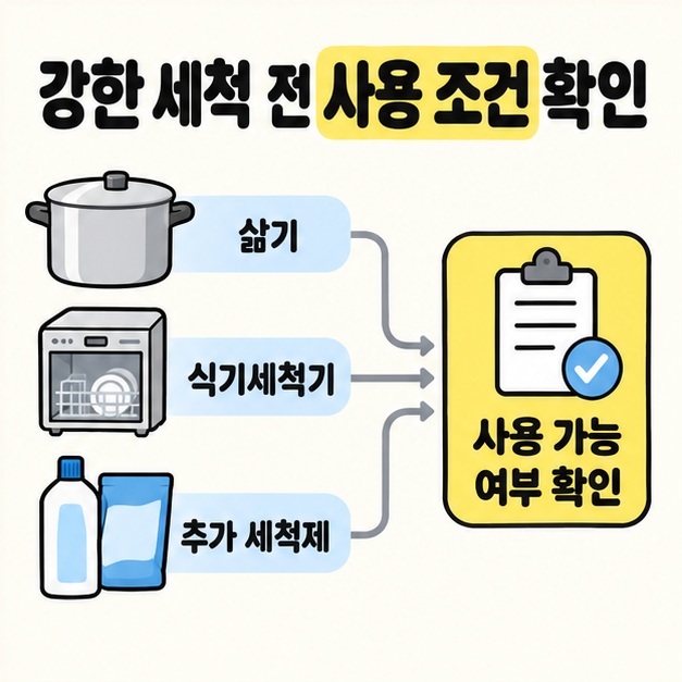 삶기와 식기세척기 및 추가 세척제를 사용 가능 여부 확인으로 연결한 제품별 세척 조건 도식