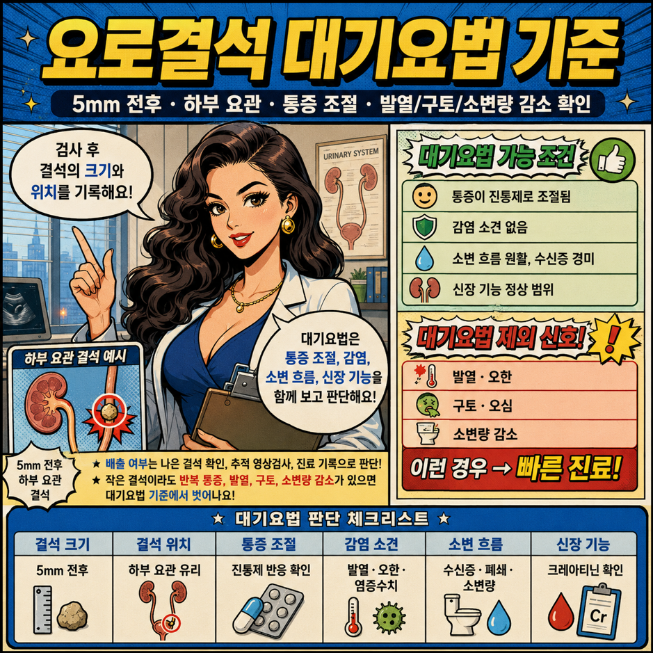 요로결석 대기요법 기준을 설명하는 옛날 만화 스타일 인포그래픽으로, 결석 크기와 위치, 통증 조절, 감염 여부, 소변 흐름, 신장 기능 확인 항목을 의료진 상담 장면과 함께 시각화한 이미지