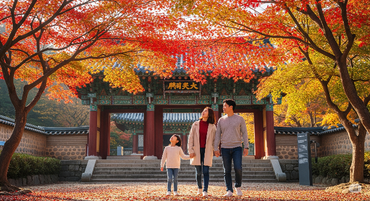 단풍이 든 범어사 일주문과 주변의 붉고 노란 단풍나무들. 가을 정취를 즐기는 30대 가족.