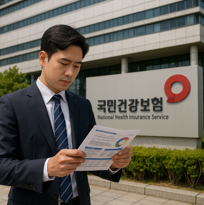 국민건강보험공단 로고가 보이는 본사 건물 앞에서 안내 자료를 확인하는 직장인의 모습