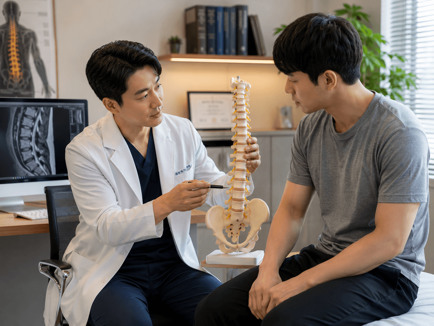 허리디스크 수술후 재발방지를 위해 허리의 구조를 배우고 있는 모습