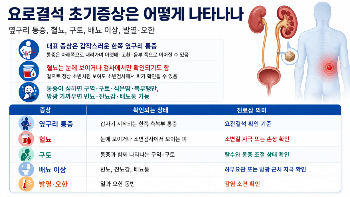 요로결석 초기증상으로 나타나는 옆구리 통증, 혈뇨, 구토, 배뇨 이상, 발열과 진료상 의미를 정리한 표형 인포그래픽