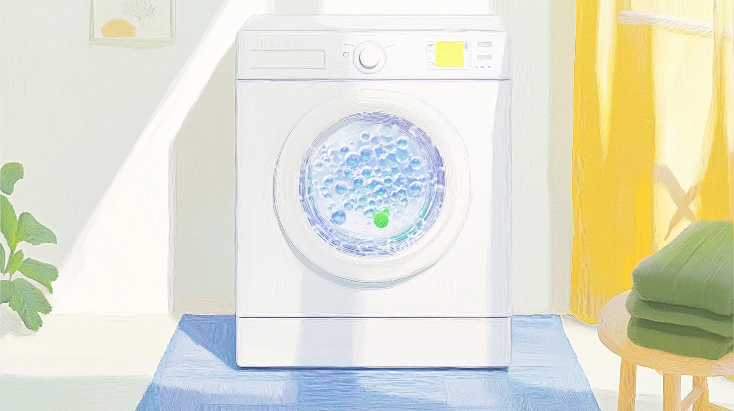 버블 기술을 활용하여 세탁 성능을 높인 친환경 세탁기가 사용되는 깨끗하고 미래지향적인 환경.