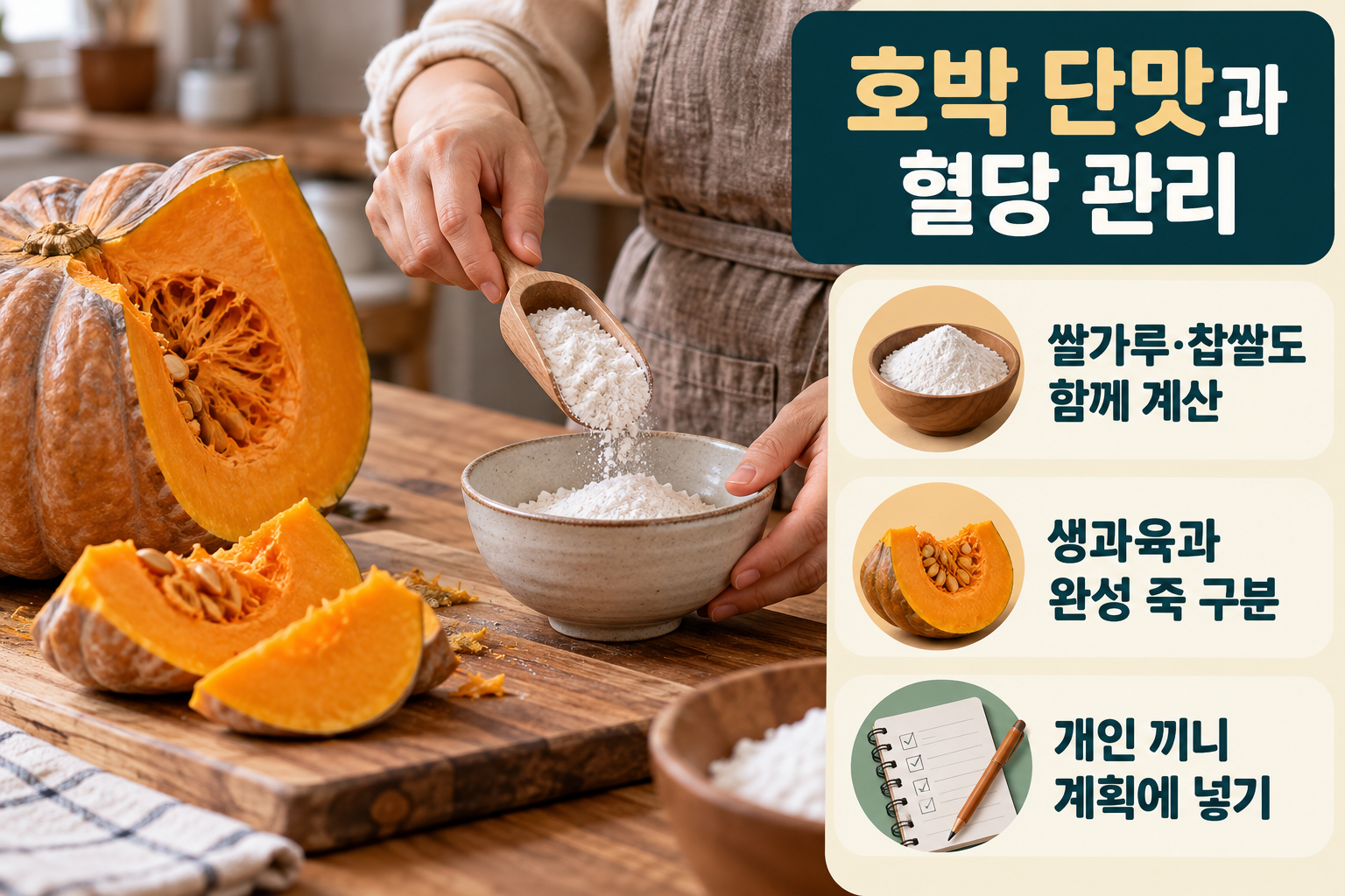 늙은호박 &middot; 달큰한 맛을 살리되 호박죽 전체를 계산해요 실사 인포그래픽