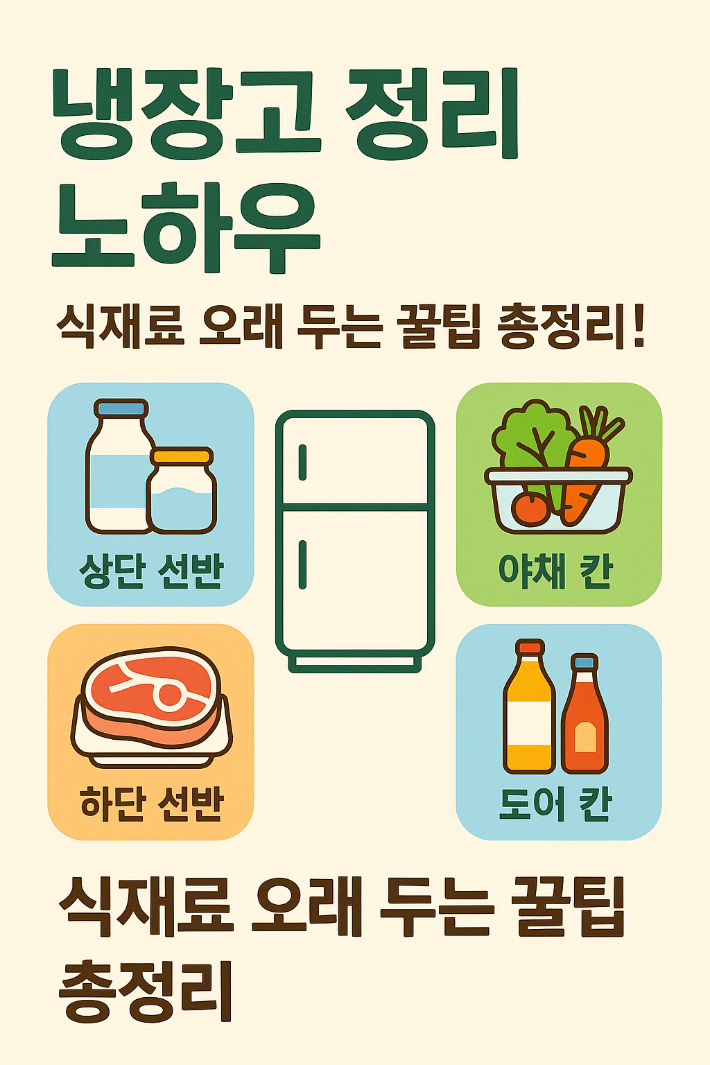 <img src="썸네일이미지경로" alt="냉장고 정리 노하우 인포그래픽 – 식재료를 오래 보관하기 위한 꿀팁 안내. 상단 선반, 하단 선반, 야채 칸, 도어 칸에 적절히 보관하는 방법을 설명하는 이미지" />