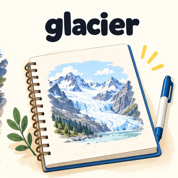 glacier 영어 단어와 산악 빙하 그림이 있는 학습 노트