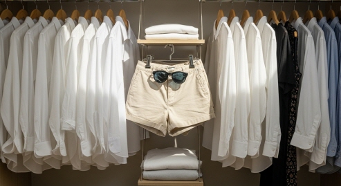 정리된 옷장 속 여름 셔츠와 반바지