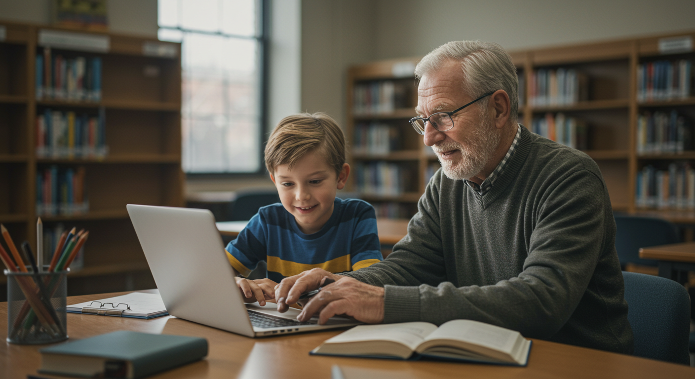 손자와 노트북을 함께 하고 있는 할아버지