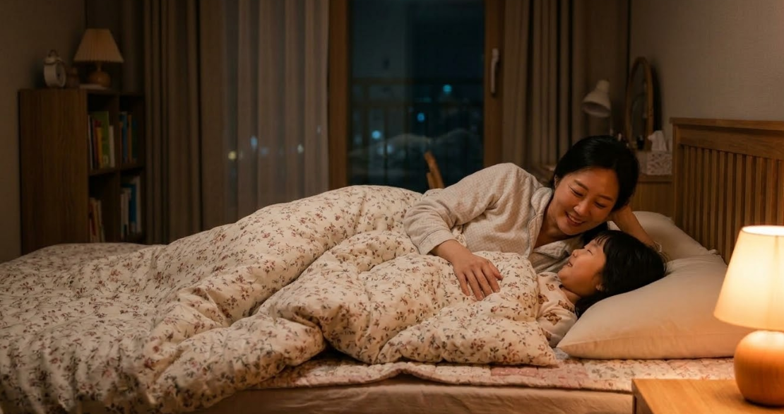 잠자기 전에 엄마와 아이가 오늘 하루에 대해 두런두런 이야기 나누는 모습
