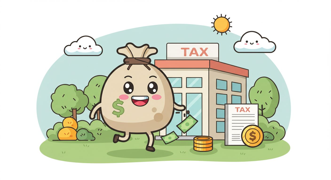 귀여운 돈가방이 웃으며 세무서를 빠져나오는 장면, 아기자기한 스타일의 일러스트