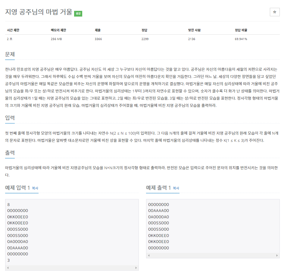 백준 BOJ 11586번 지영 공주님의 마법 거울 문제 사진