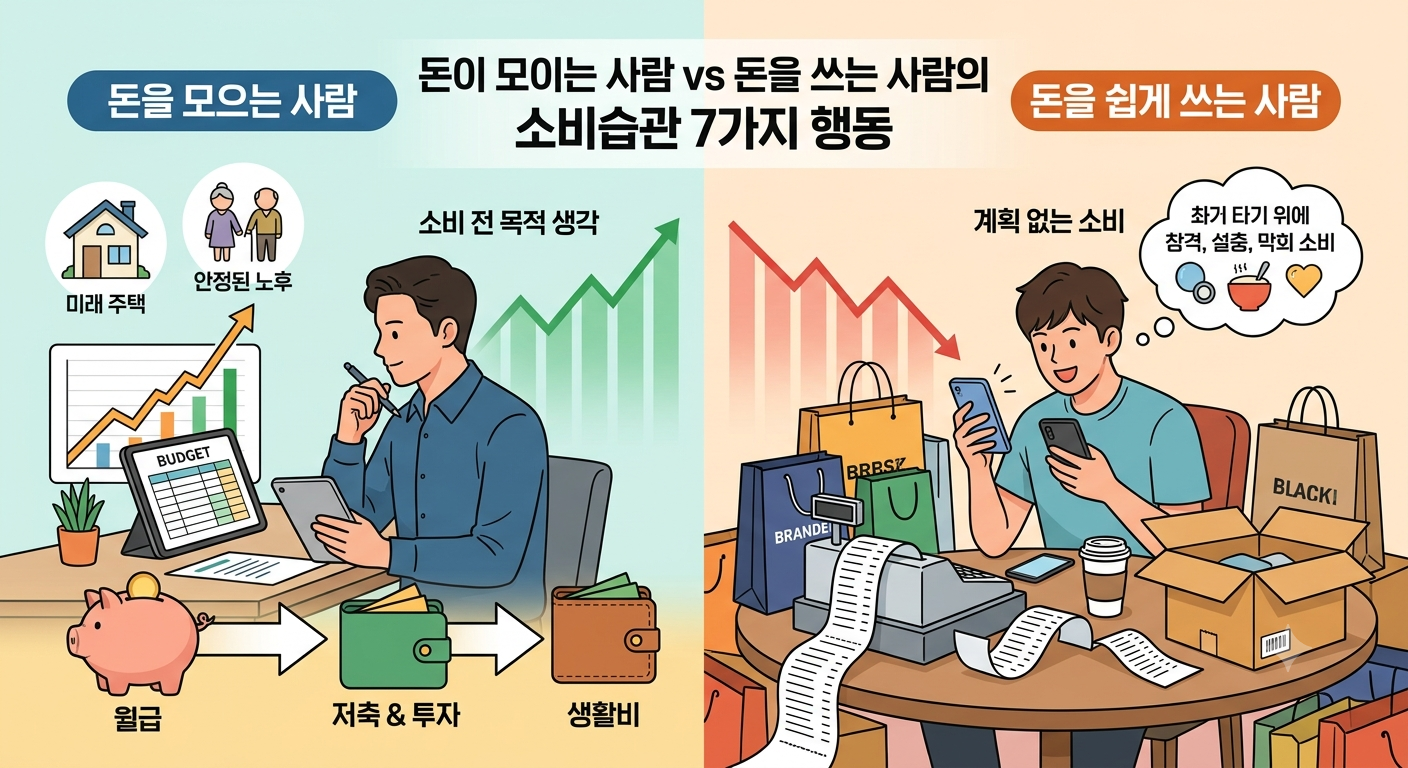 돈을 모으는 사람과 소비습관 차이를 보여주는 경제 관리 이미지