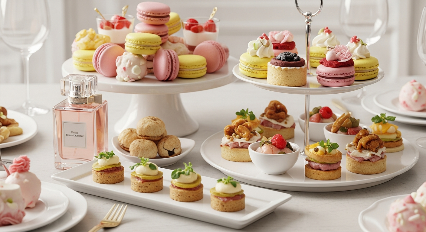 유명 향수 브랜드와 협업하여 만든 세련된 디저트와 세이보리 메뉴