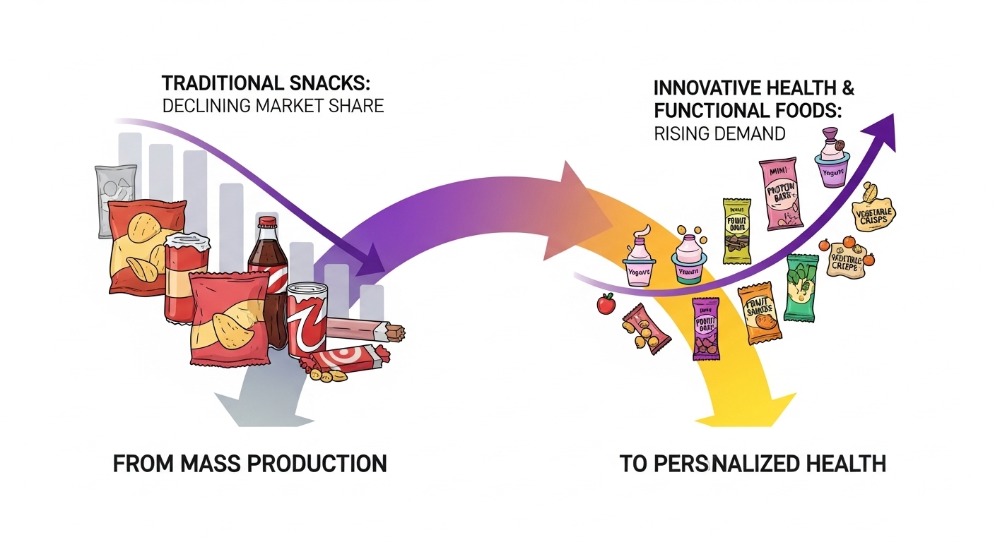 식품 기업의 혁신 전략을 보여주는 인포그래픽. 대용량 간식은 줄고, 소량의 건강 기능성 식품이 성장하는 시장 변화를 시각적으로 표현.
