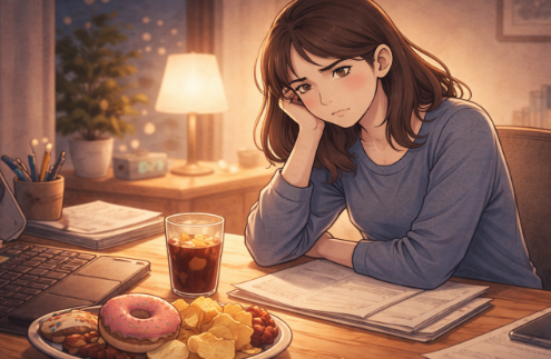 스트레스 받은 인물이 책상 위 간식을 보고 있고 주변에 업무 자료가 놓여있는 장면