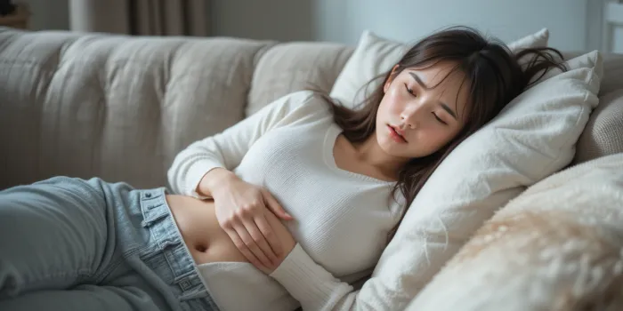 생리 늦어질때 증상으로 복통을 느끼며 소파에 누운 장면