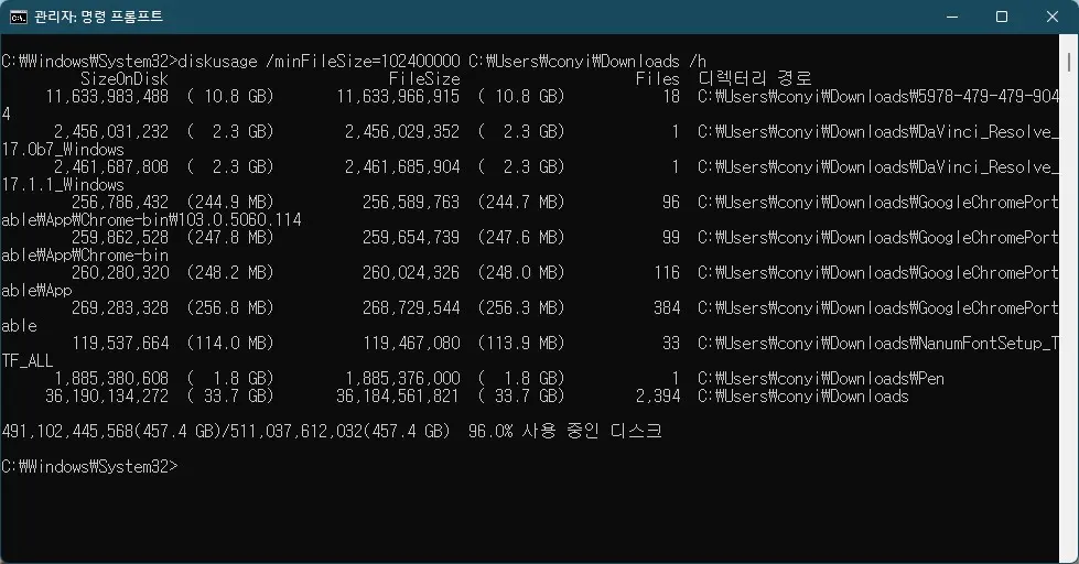 디스크 용량 확인하기 좋은 CMD 명령어 diskusage 사용법 사진4