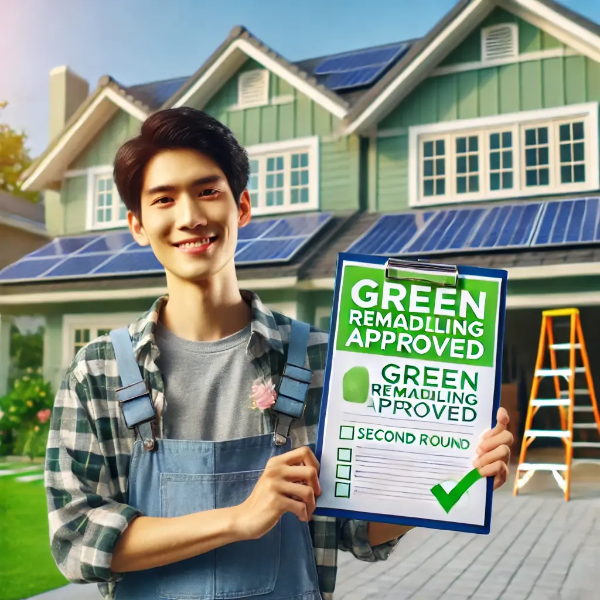 태양광 패널과 단열재가 설치된 집 앞에서 그린리모델링 승인 클립보드를 들고 있는 동양인 남성의 초고해상도 사진