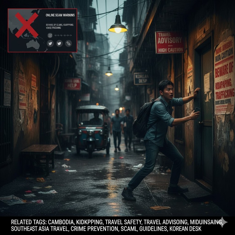 Here's an image addressing the danger in Cambodia, incorporating themes related to the provided tags like kidnapping, travel safety, scams, and crime prevention, with all text in English: