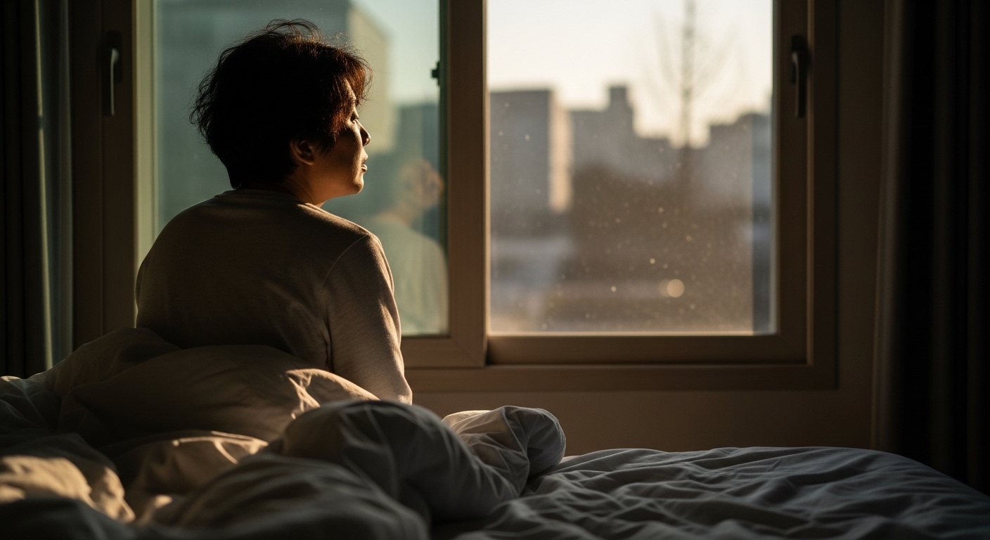 아침에 일어났는데도 피곤한 한 여성