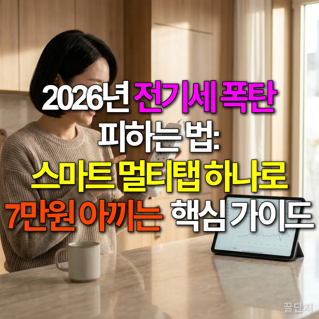 스마트 멀티탭을 들고 전기세 절약 방법을 설명하는 한국인 주부