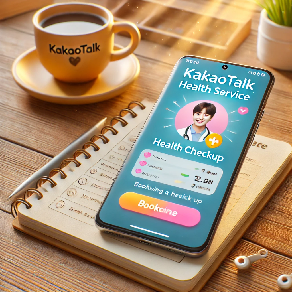 스마트폰 화면에 카카오톡 건강 서비스 앱의 건강검진 예약 인터페이스가 보이는 모습. 나무 테이블 위에 커피잔과 열린 노트북이 배치된 밝은 배경과 함께 사용 편의성이 돋보임