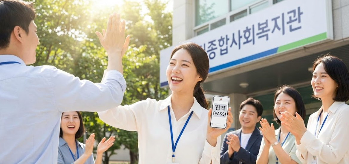 합격 문자를 받고 환하게 웃으며 동료들과 하이파이브를 하는 예비 사회복지사