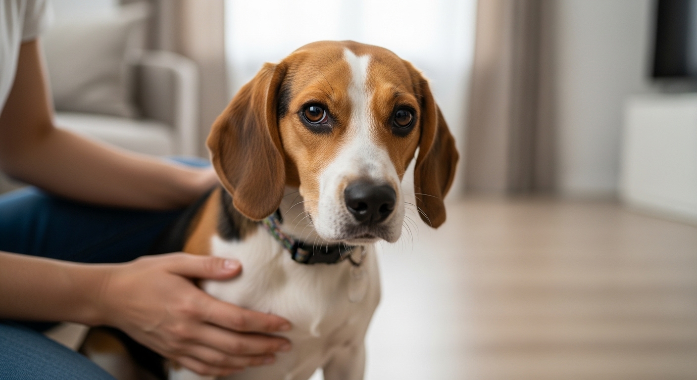 배가 아픈 듯 불편한 표정의 강아지와 보호자.